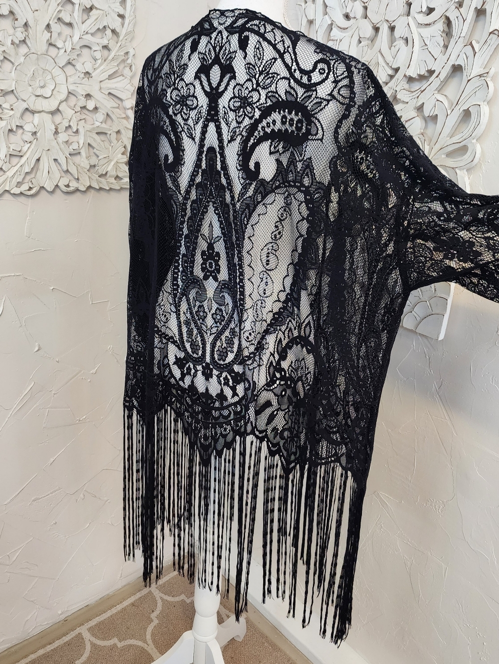 Black Lace Fringe Kimono Cover Up - Picture 5 of 5